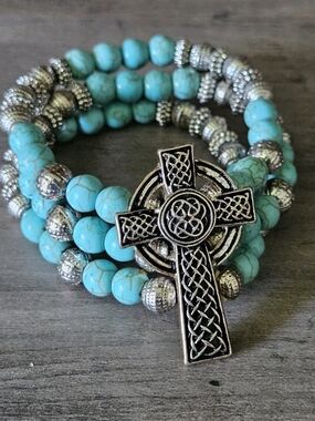 Turquoise Beaded Celtic Cross Wrap Bracelet - Women Jewelry